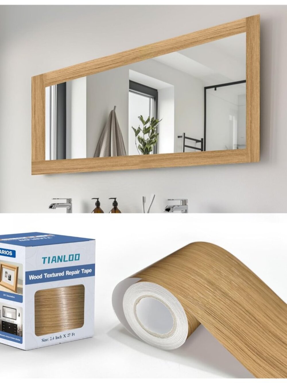 27 FT Wood Grain Wallpaper Border, Removable Waterproof Mirror Border Peel and S